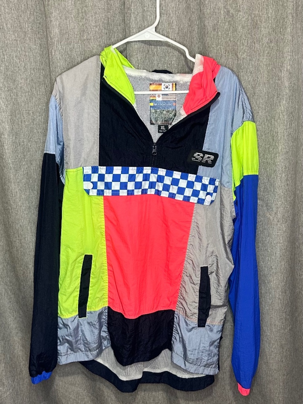 SMOKE RISE Retro 90s Colorblock Neon Patchwork Anorak Windbreaker - Size XL